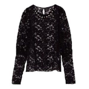 ZARA Black Lace Puff Sleeve Pearl Collar Top S